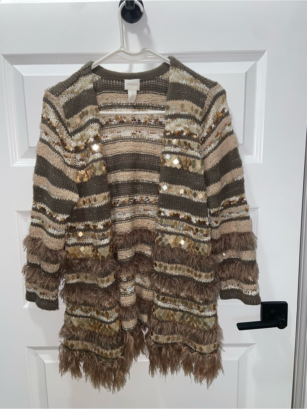 Chico's Striped Knit Sweater in Olive, Beige & Gold Thread